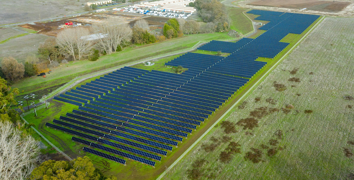 A medium-scale solar farm in a green field