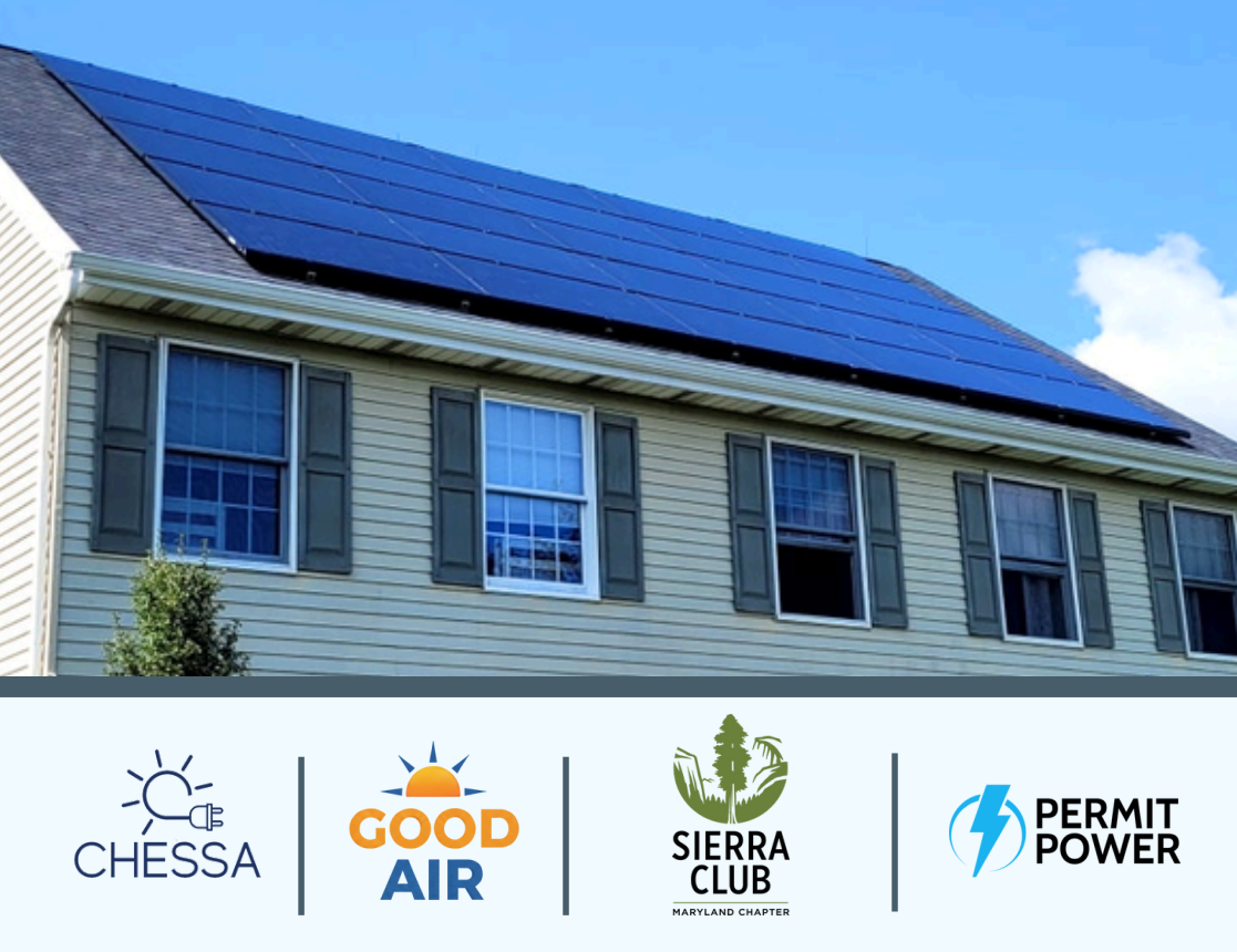 A home with solar panels with Maryland energy group logos displayed beneath