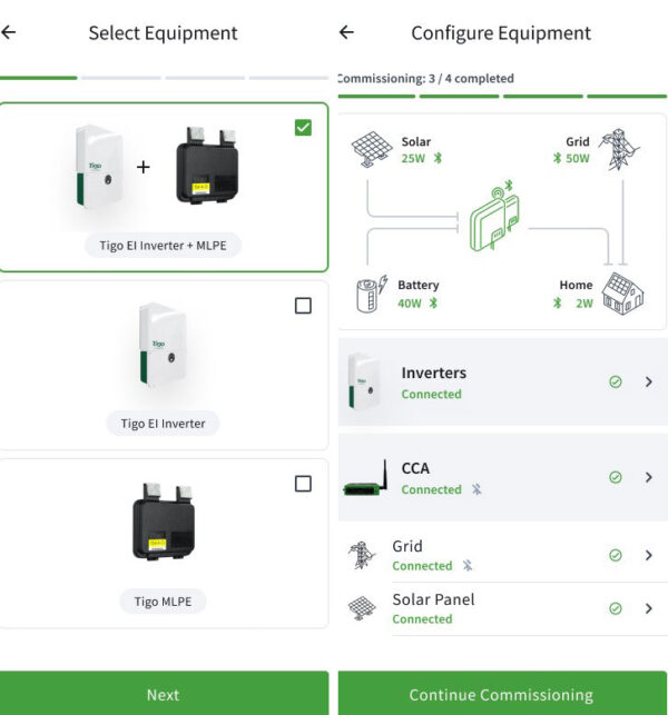 Screenshots from the Tigo EI app
