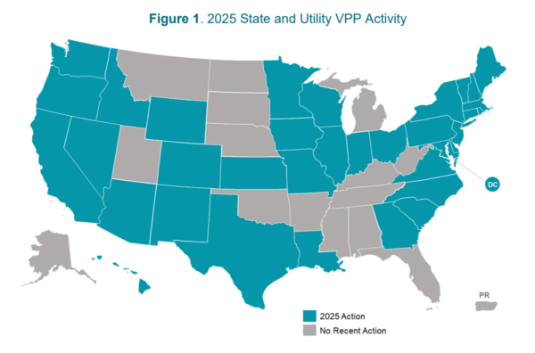 Map of the united states highlighting the 35 states that took action to support VPPs in 2025