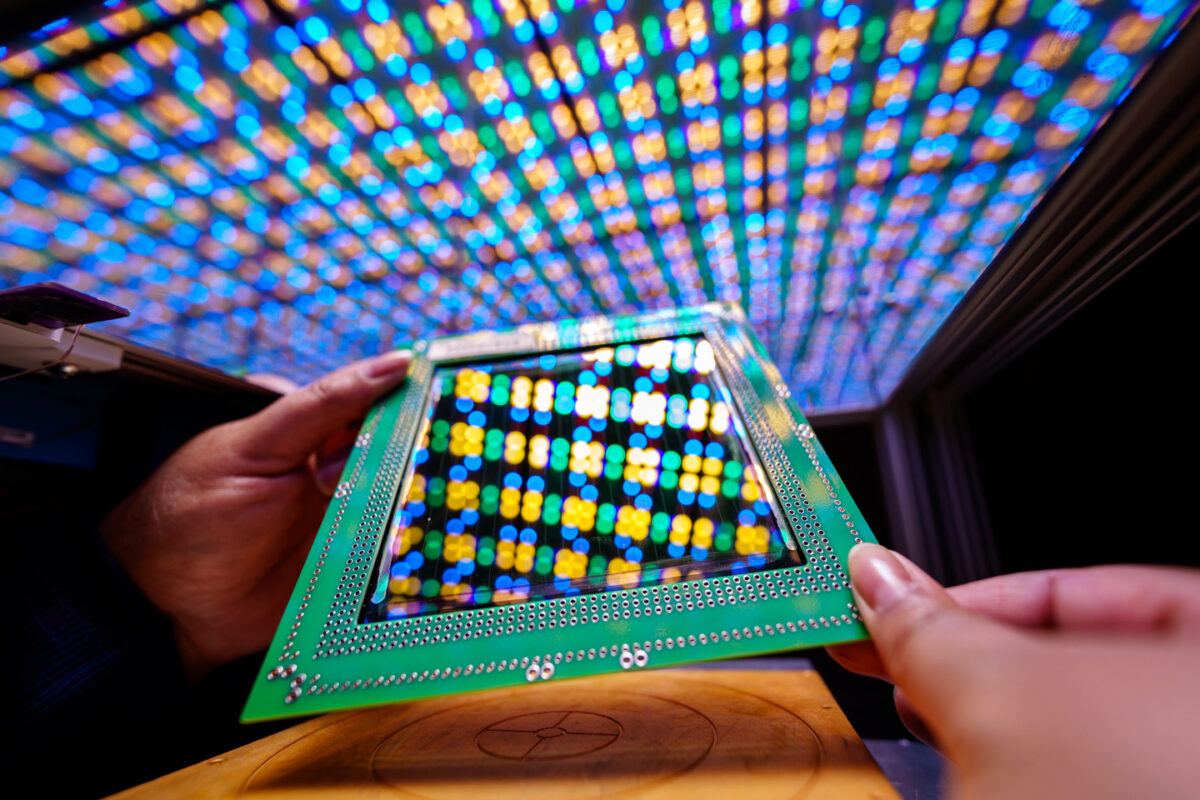A perovskite module in a solar simulator of LED lights