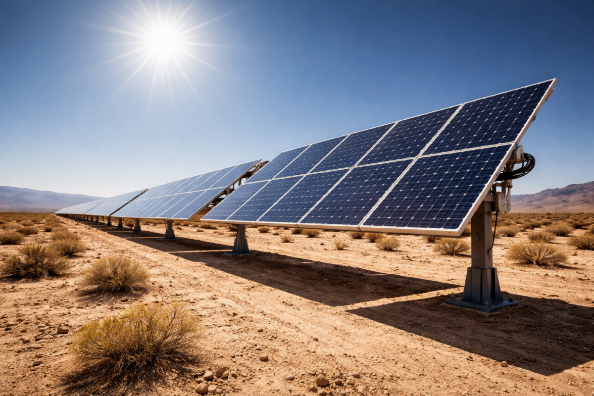 An AI-generated image of a large-scale solar array in an arid region