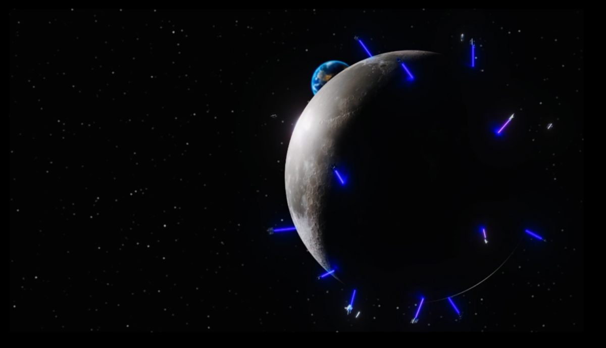 A rendering of multiple satellites beaming power to the moon's surface