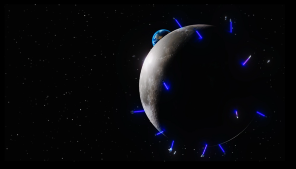A rendering of multiple satellites beaming power to the moon's surface
