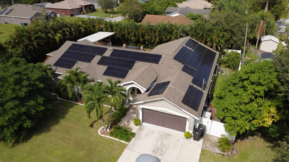 Aerial photo of a home with a Terra Energy system on the roof