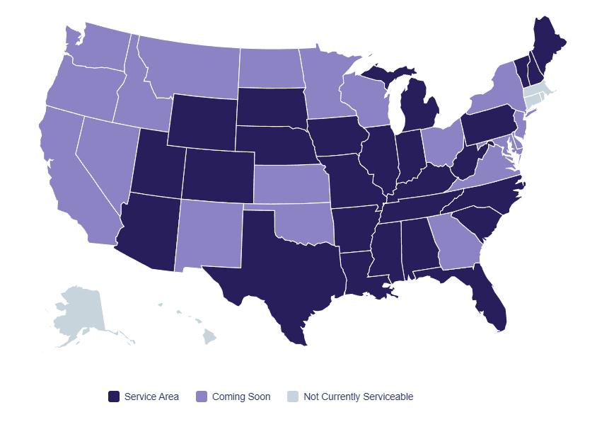U.S. map with Sun Atlas service territory. All states shown as active or coming soon, except for MA, RI, CT, AK, and HI