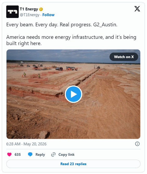 Screenshot of T1 Energy tweet