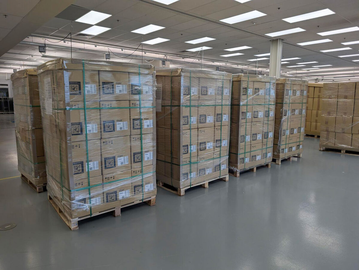 Stacks of Tigo products on wrapped pallets