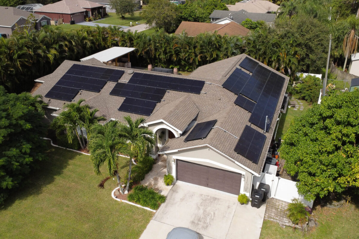 Aerial photo of a home with a Terra Energy system on the roof